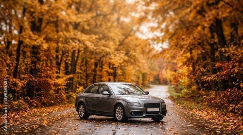 Silver car parked on a winding road surrounded by autumn trees  