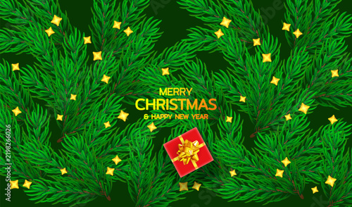 Christmas backgound with realistic fir branches, red gift box and golden confetti