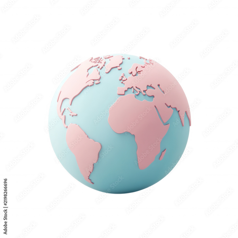 Obraz premium Stylized earth globe with pink continents and blue oceans representing global connection and geography