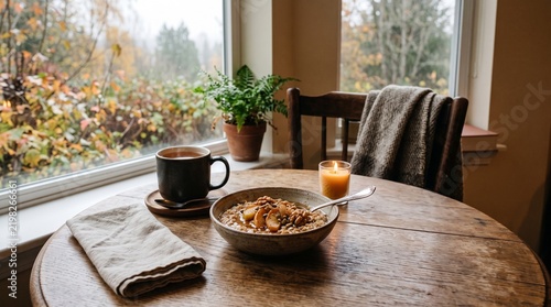 Cozy breakfast setting with bowl of oatmeal and coffee on table  