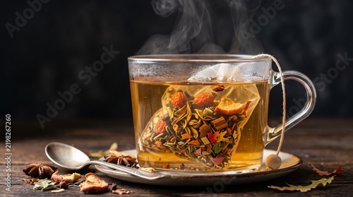Aromatic herbal tea in a glass cup with steam on a wooden table  