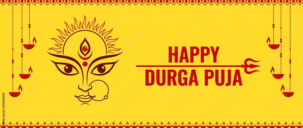Fototapeta premium Bright Yellow Durga Puja Banner with Line Art Goddess Face and Trishul