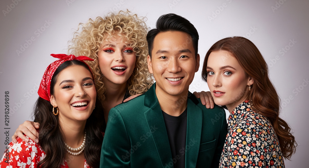 Fototapeta premium Group of four smiling people, two women and two men, posing in a studio setting, representing diversity, unity, and togetherness for lifestyle concepts.