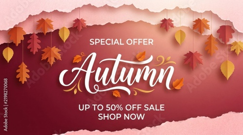 Autumn sale banner with falling leaves and elegant calligraphy