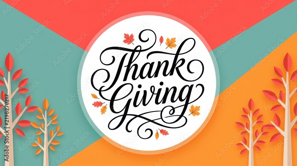 Obraz premium Elegant thanksgiving calligraphy with autumn leaves and colorful background