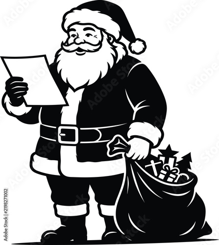 Santa Claus reading a handwritten letter in a cozy workshop with copy space