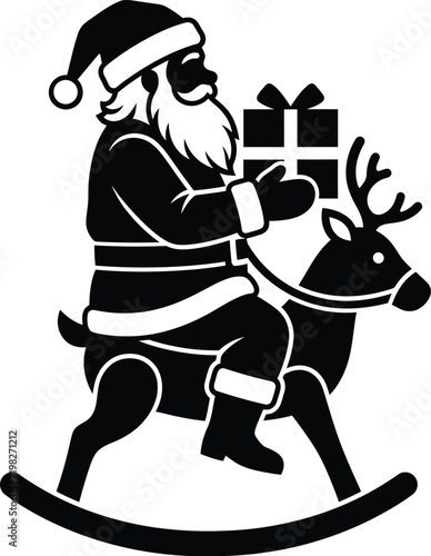 Santa Claus riding a wooden rocking horse toy on a white background