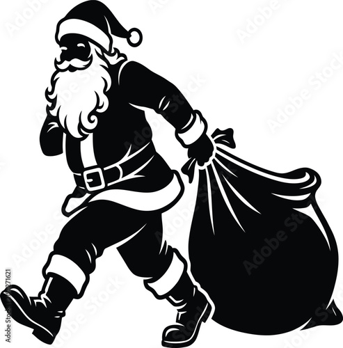 Santa Claus walking with a wrapped gift box on a white background
