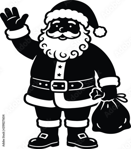 Santa Claus in traditional red suit waving and holding a gift bag in festive holiday studio setting