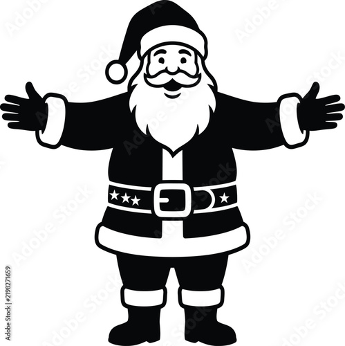 Santa Claus in red suit waving cheerfully at holiday event with festive background