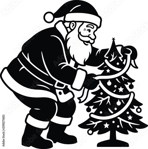 Senior man in red suit wrapping christmas presents under decorated tree in cozy living room