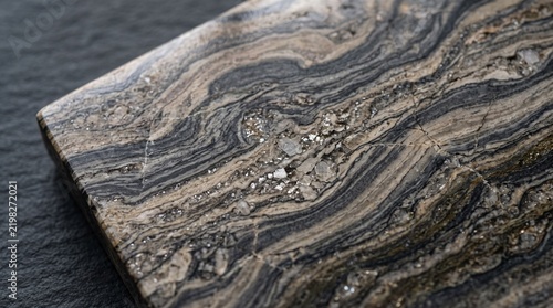 Close-up of a polished stone slab with natural mineral patterns
