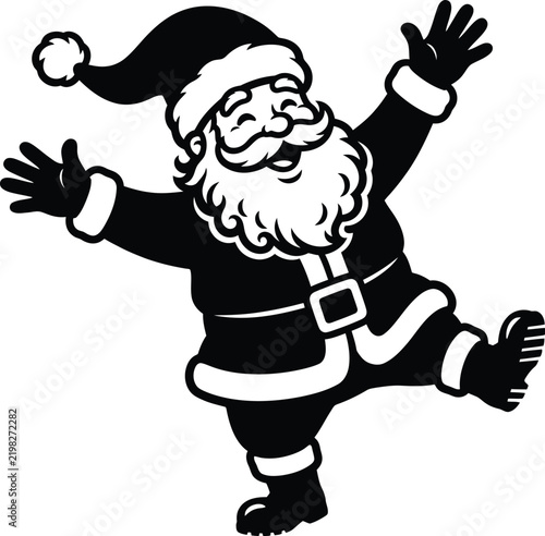 Santa Claus silhouette dancing with arms raised in festive holiday studio setting