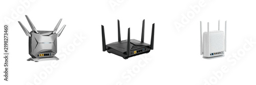 Foto Wireless routers and internet modems set isolated on white background, high-spee