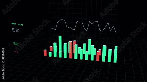 Seamless 4K loop of a futuristic 3D HUD financial market chart with volume bars and line graphs. Ideal for trading, corporate finance, big data, and tech concepts