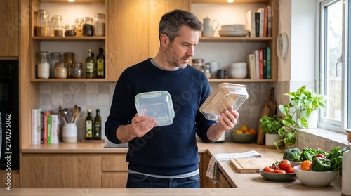 Man comparing reusable food containers in a modern kitchen