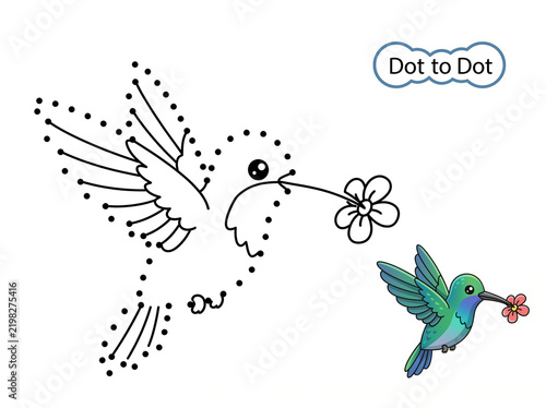 Hummingbird dot-to-dot activity image with colored bird illustration  