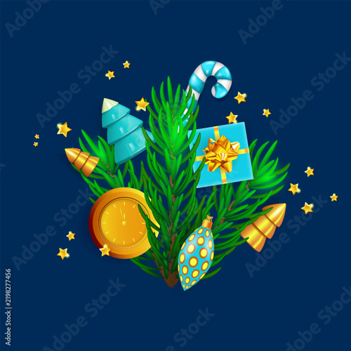 Christmas tree bouquet with Christmas ornaments and golden confetti