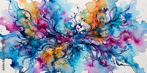 Abstract-Vibrant Watercolor Splatter-With Fluid-Flowing Ink-Tendrils And-Vivid Gradient-Splashes
