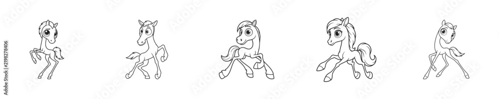 Fototapeta premium Vector line drawing of cartoon funny horses for children's coloring