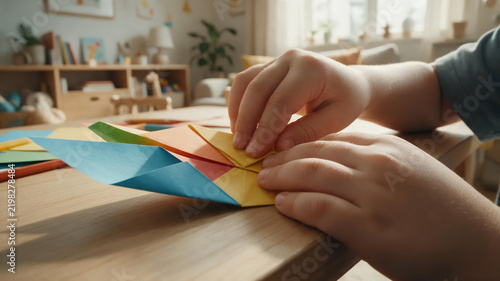 Child’s Hands Folding Colorful Origami Paper on Wooden Table