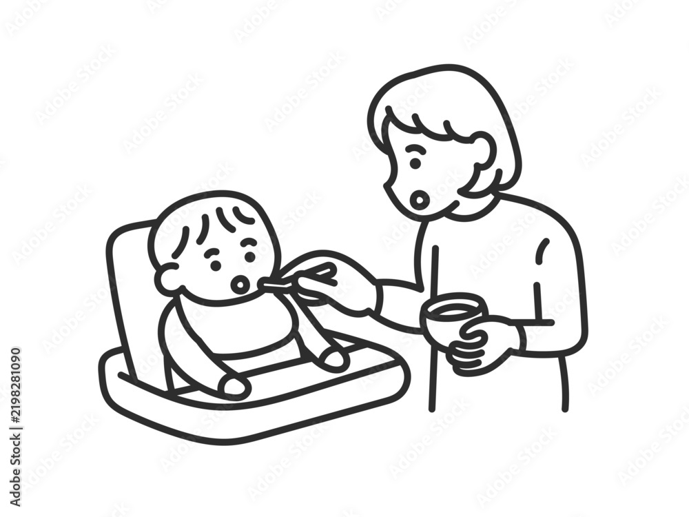Fototapeta premium 赤ちゃんに離乳食を食べさせるお母さんのイラスト 線画のみ