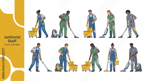 Professional Janitorial Staff Cleaning Set with Mops and Buckets Vector Illustration