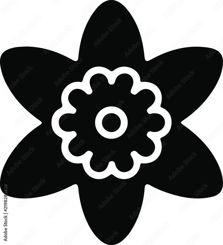 Obraz premium Stylized floral silhouette with six broad petals and gear-like center, bold black decorative flower design, minimalist geometric emblem art