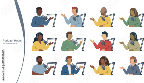 Diverse podcast hosts speaking into studio microphones vector illustration set
