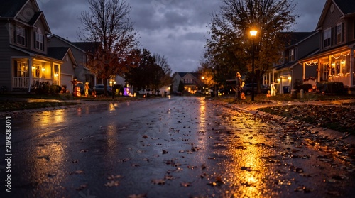 Quiet suburban neighborhood street covered in wet autumn leaves with illuminated Halloween decorations and glowing porch lights at dusk
