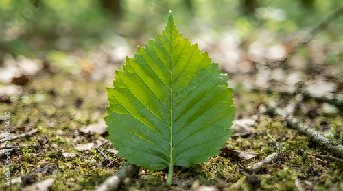 Single green leaf standing on mossy forest floor illustration
