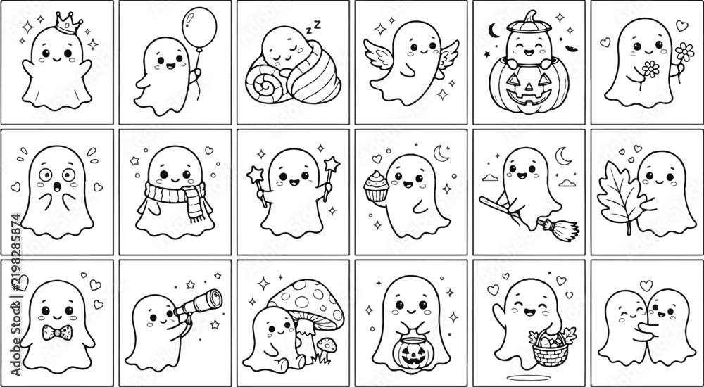 Obraz premium Kawaii Halloween ghost coloring book pages, set of 18 cute spooky character vectors, adorable ghost line art illustrations for kids activities