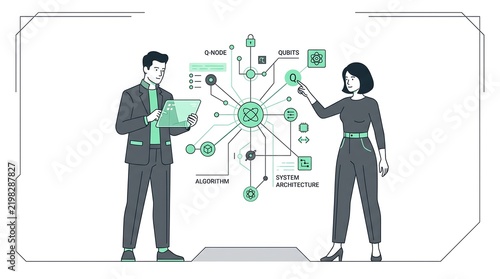 Professionals collaborating on high-tech system architecture and quantum computing hub with digital interface and data network nodes