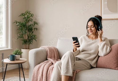 Woman Relaxing on Couch with Headphones and Smartphone