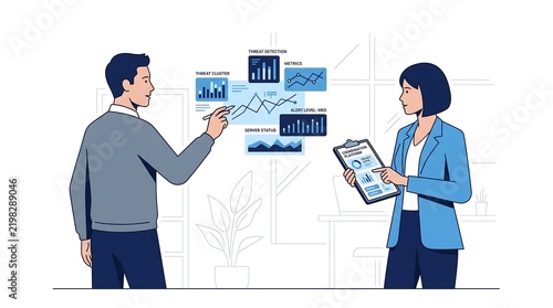 Cybersecurity analysts collaborating on data security metrics and network monitoring in a modern corporate environment using advanced digital dashboard visuals