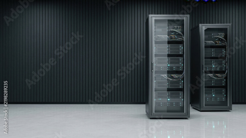 Two server racks standing in a modern datacenter room with dark corrugated wall generated using ai