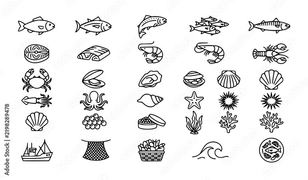 Fototapeta premium SEO Title: Seafood Restaurant Fish Lobster Crab Shrimp Editable Outline Vector Icons