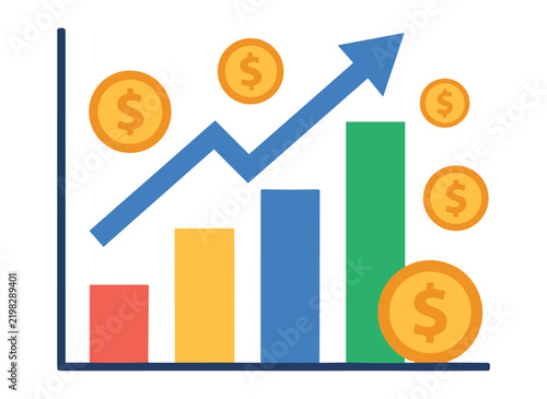 Financial business growth chart with upward arrow and gold coins