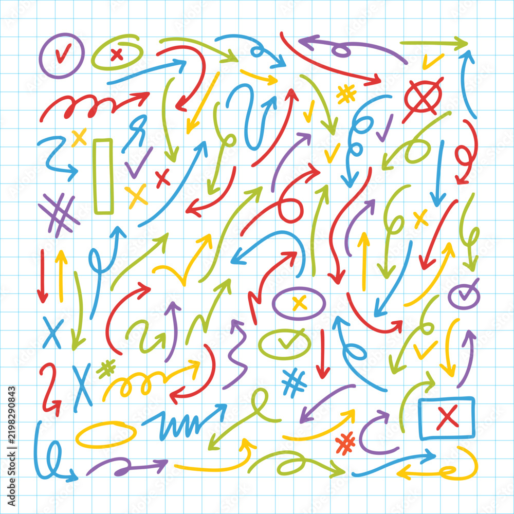 Fototapeta premium Colorful Hand Drawn Crayon Scribbles and Pencil Doodle Lines Set with Stars, Grid and Squiggles