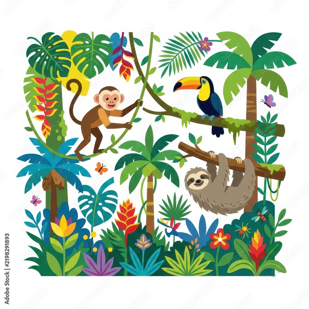 Fototapeta premium Jungle scene with monkey sloth and toucan