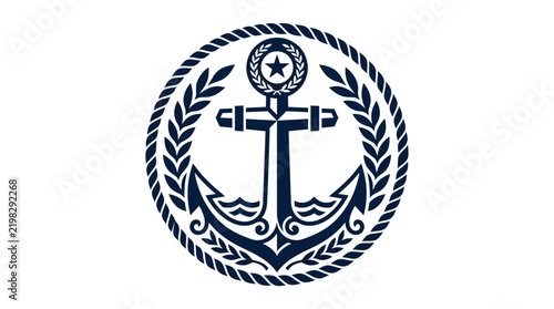 Nautical emblem featuring a central anchor surrounded by a laurel wreath and rope border.