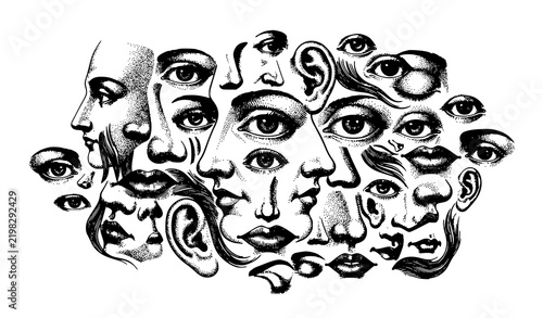 Vintage human facial parts stipple engraving black and white vector art