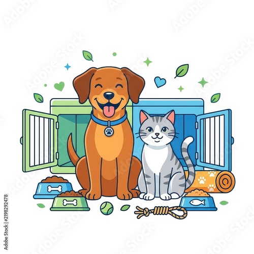 Cute dog and cat with pet supplies vector illustration