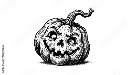 Vintage Halloween jack o lantern pumpkin engraving black white vector clipart