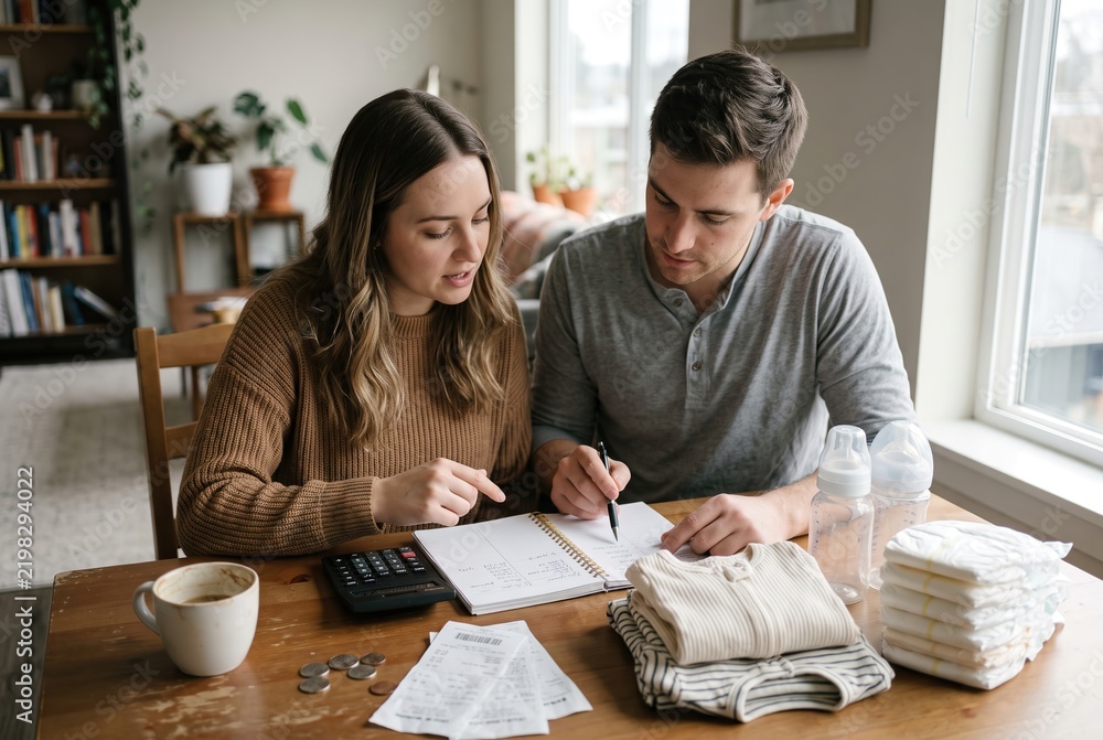Fototapeta premium A couple sits at a wooden table in their home discussing financial matters. They look at a notebook and a calculator while documents and baby items sit nearby