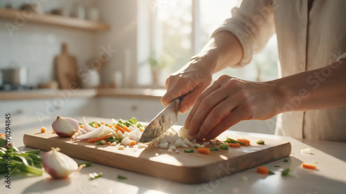 Hands Chopping Fresh Vegetables on Wooden Board in Sunny Kitchen