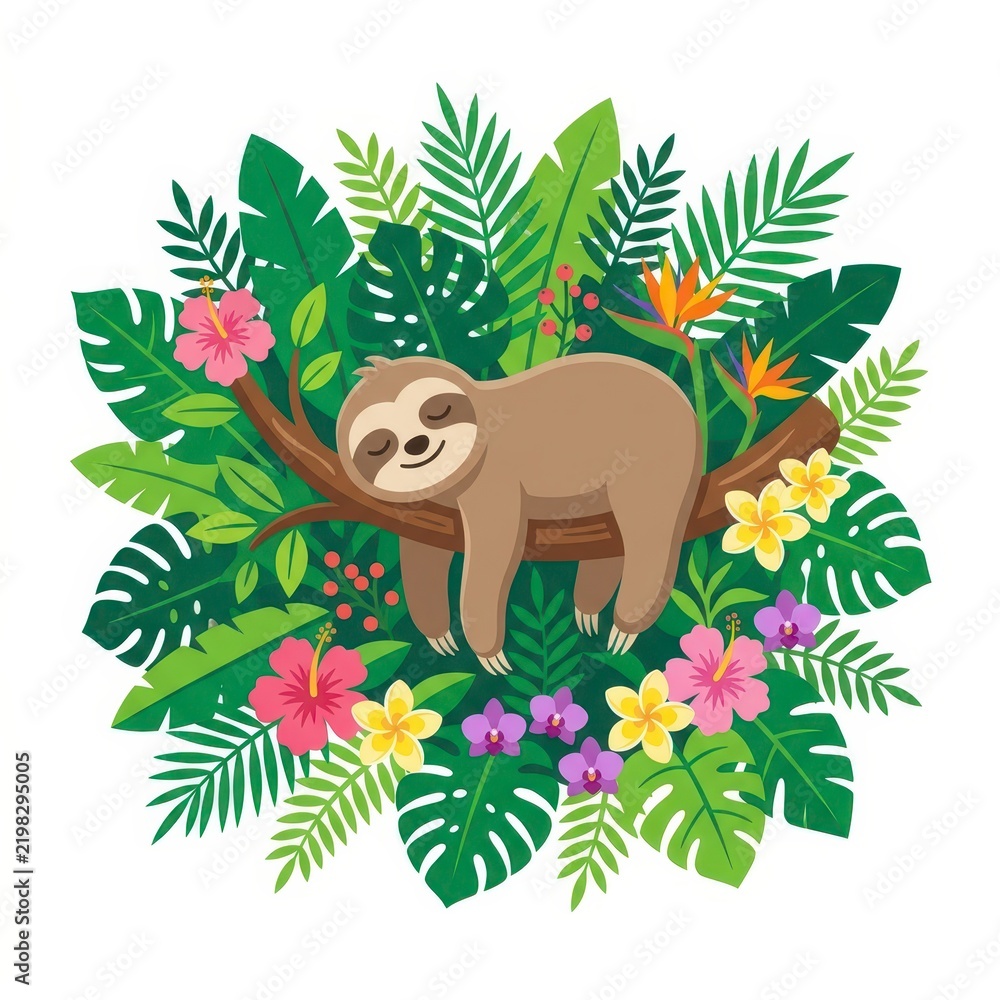 Obraz premium Sloth sleeping on a branch surrounded by tropical plants