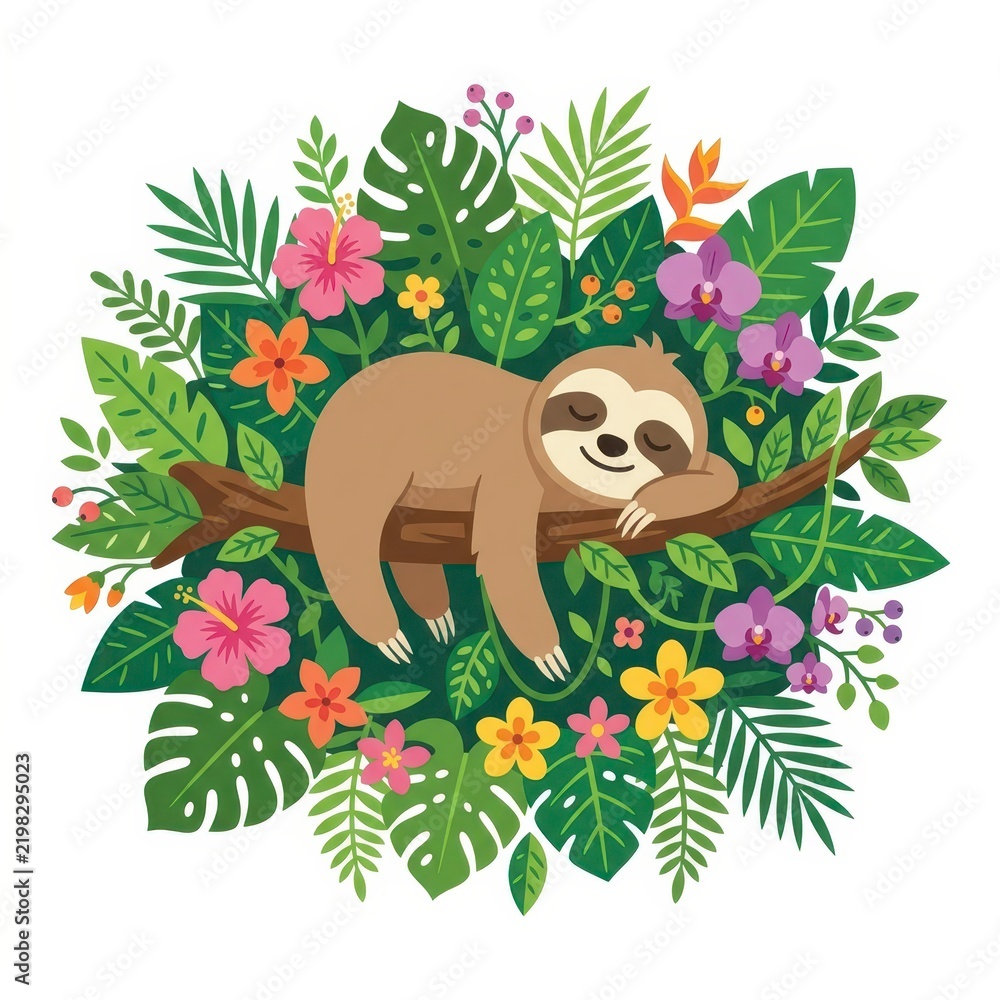 Obraz premium Sloth sleeping on a branch surrounded by tropical plants