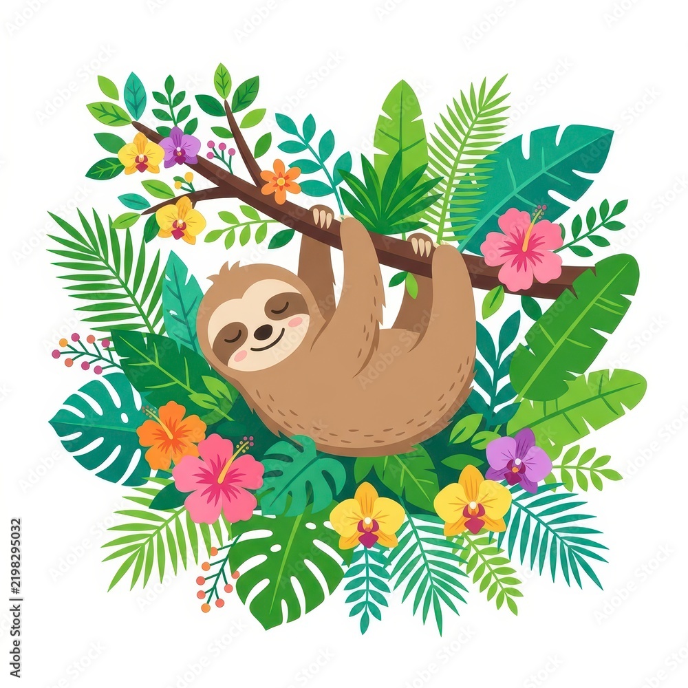 Obraz premium Sloth hanging on a branch with tropical leaves and flowers