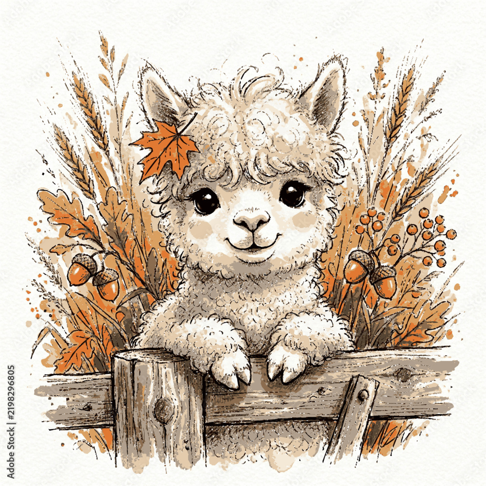 Fototapeta premium Cute fluffy alpaca standing behind a wooden fence decorated with autumn leaves and acorns in a whimsical watercolor sketch style